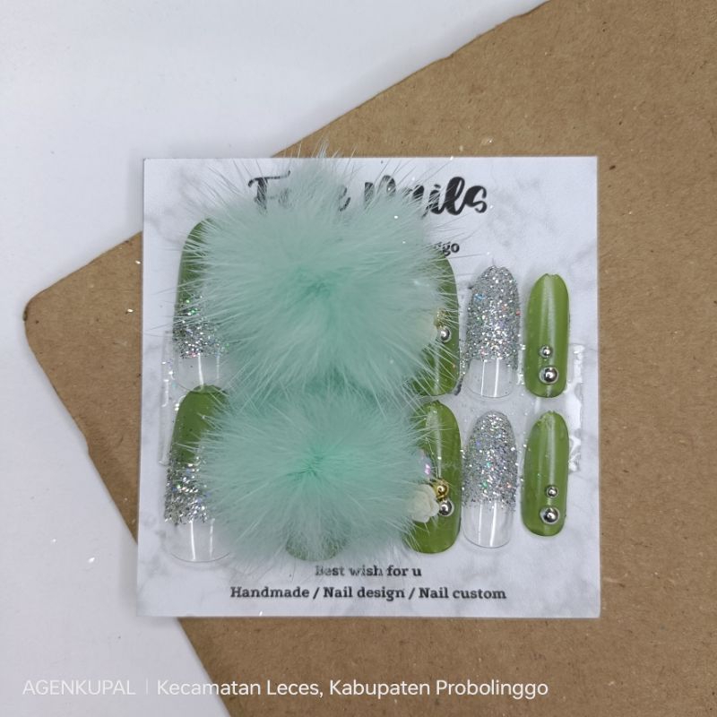 SALEEEE KUKU PALSU POM POM GREEN SAGE/KUKU WEDDING/NAIL ART/HENNA ART sdh free lem gel ya