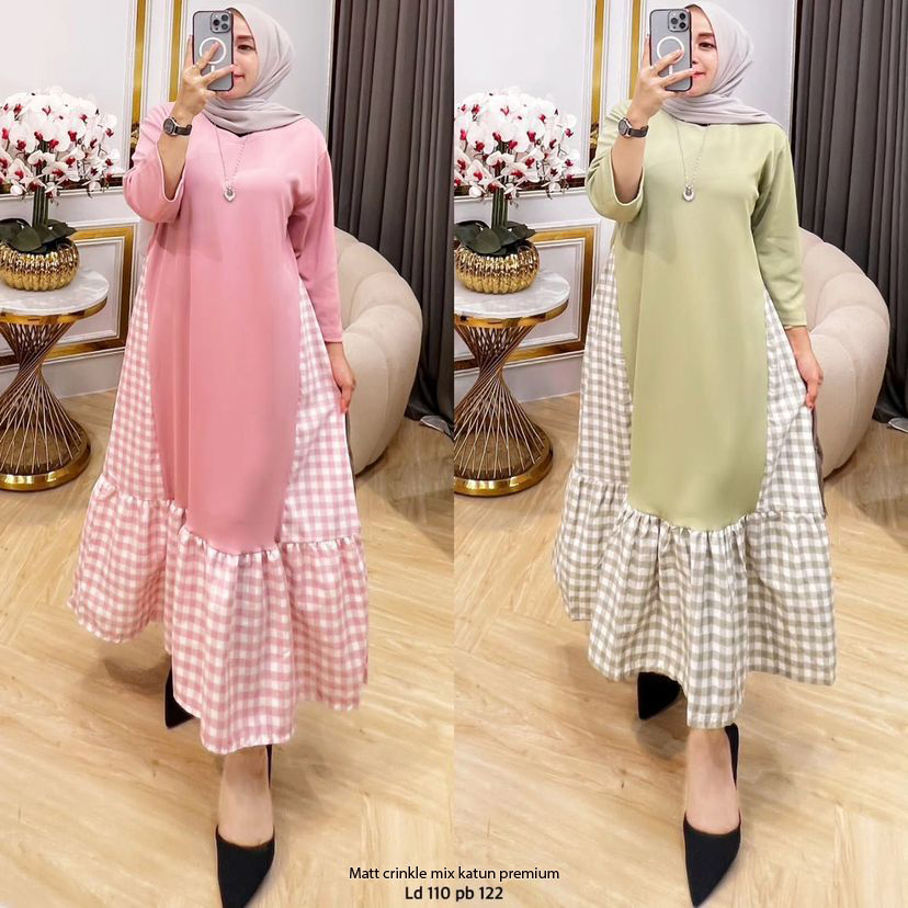 Pakaian Wanita / Gamis / Kayla Midi Dress 4 Pilihan Warna Bahan Crinkle Mix Katun