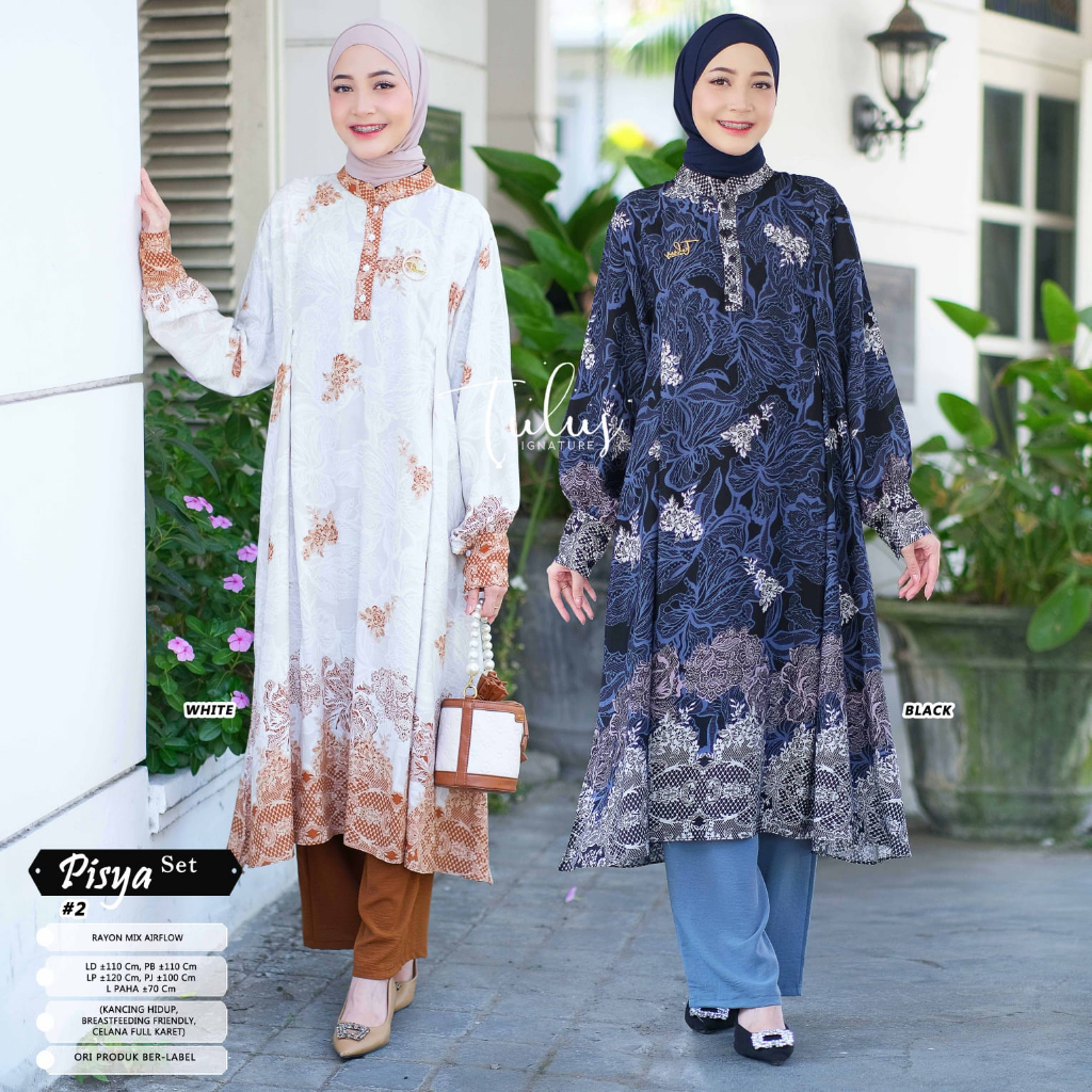 LAWE - PISYA One Set Wanita Kekinian Baju Setelan Tunik Rayon Motif Celana Crinkle Polos LD 110