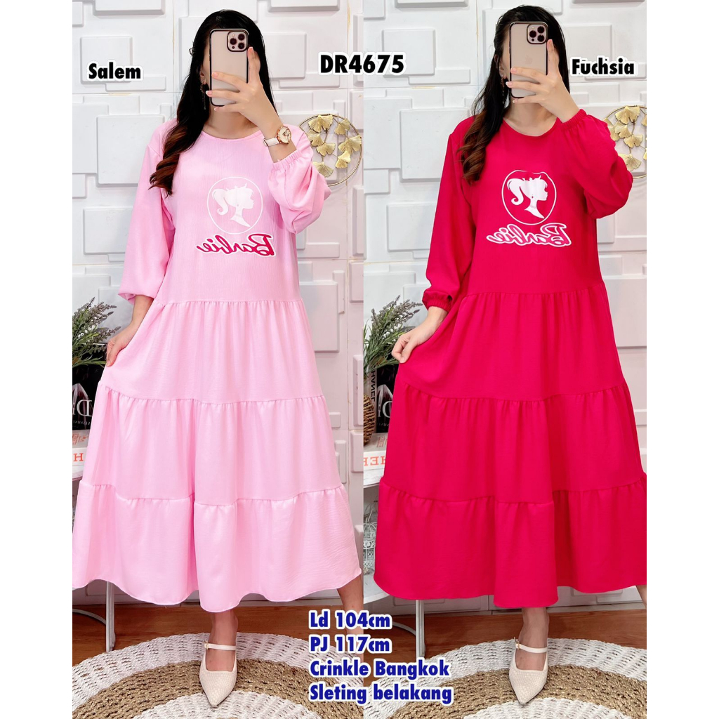 SI4675 long dress barbie crinkle import Bangkok impor BKK lengan panjang karet