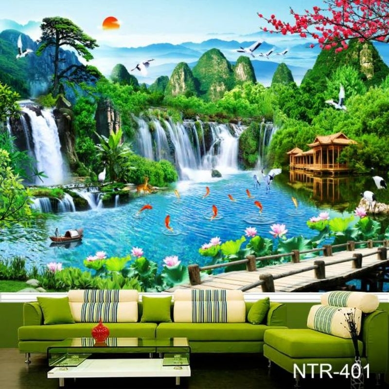 Ukuran tinggi 3m dan 3,5m an,WALLBANNER/WALLPAPER 3DIMENSI CUSTOM PEMANDANGAN AIR TERJUN BIRU JEMBAT