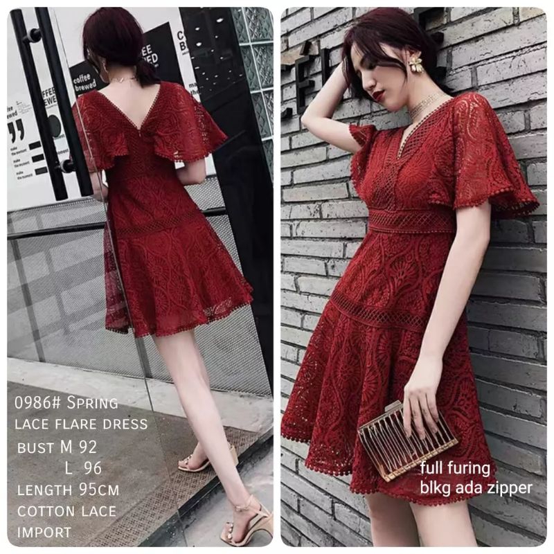 0986 Baju minidress CNY LACE FLARE mini dress lengan layer vneck maroon dres Korea Korean style wani