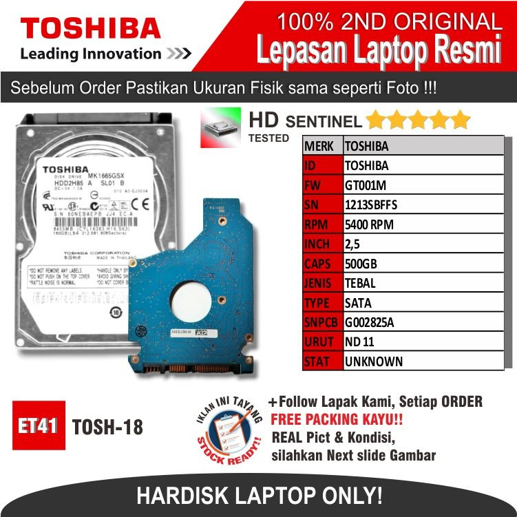 ET41 TOSH-18 Hardisk HDD LAPTOP TOSHIBA 500GB 1213SBFFS