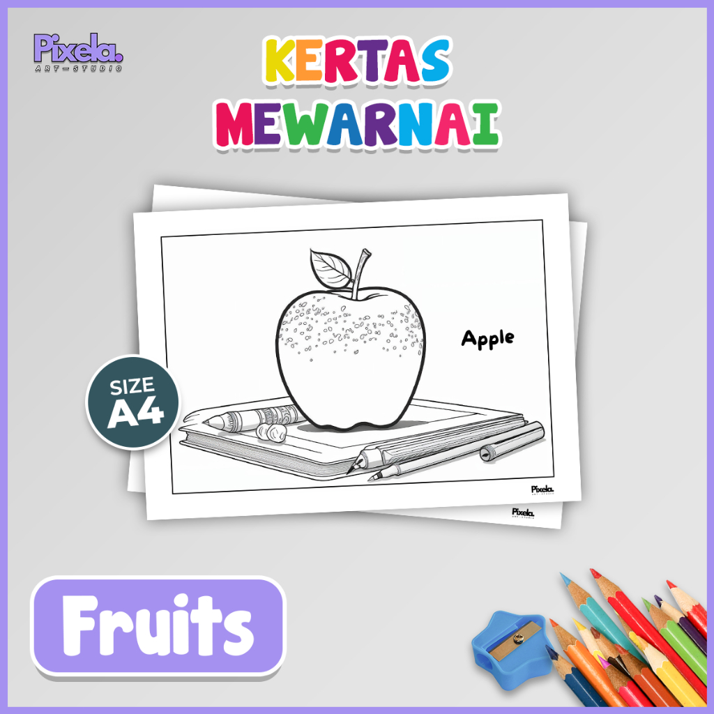 

Kertas Gambar Mewarnai Anak Seri Fruits / Buah Paketan isi 5 Lembar ukuran A4 Murah Lucu Lengkap