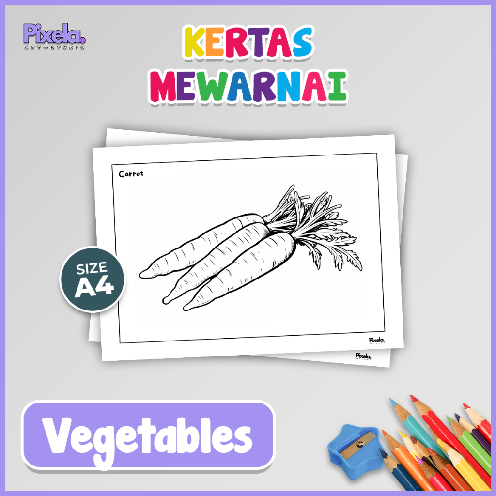 

Kertas Gambar Mewarnai Anak Seri Vegetables / Sayuran Paketan isi 5 Lembar ukuran A4 Murah Lucu Lengkap