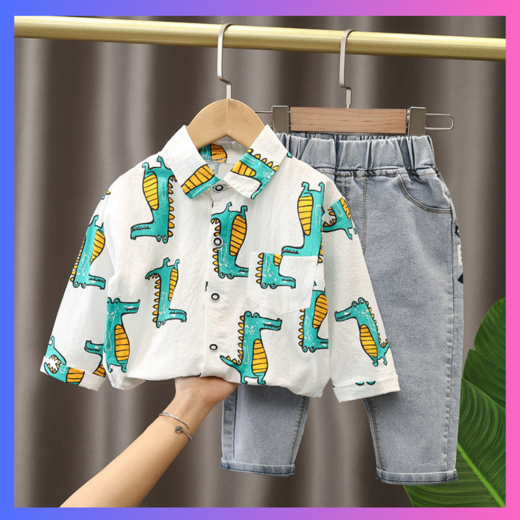 LILOWARDROBE 2-5tahun Setelan kemeja anak laki laki import crocodile set putih hijau