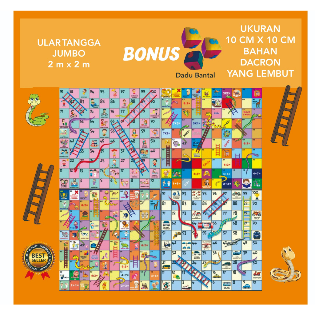 Ular Tangga Jumbo Ukuran 2M x 2M Tema Edukasi Free Dadu Bantal Jumbo