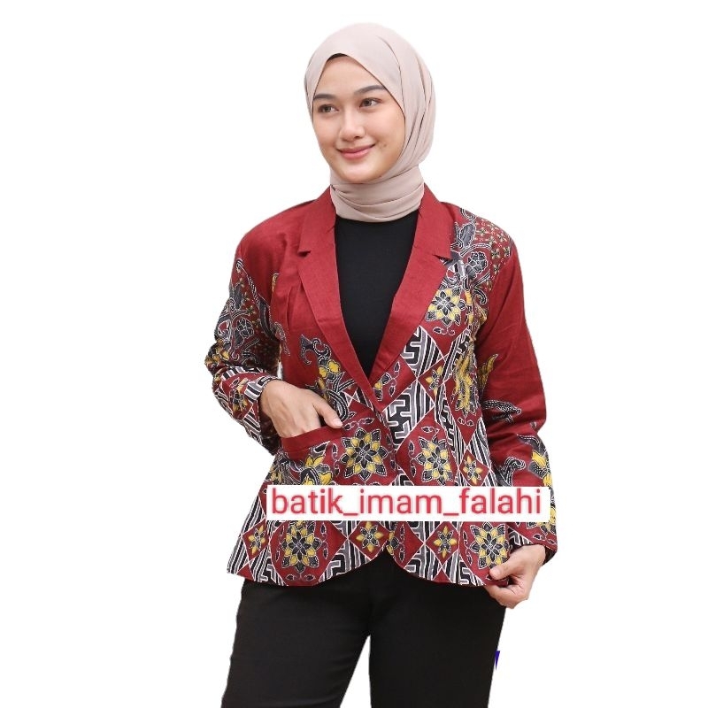Blazer Batik Merah Seragam Kantor Baju Kerja Guru Kondangan Bahan Katun Adem Jumbo Wanita Ukuran XS S M L XL XXL 3XL
