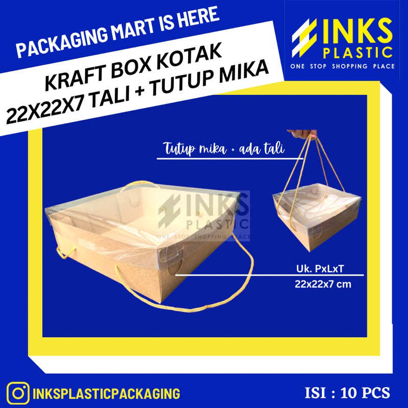 BOX KRAFT KOTAK 22×22×7 TUTUP MIKA+ TALI DUS KOTAK NASI KUE BOLU (10 PCS)