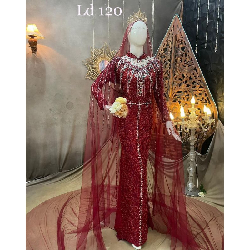 Gaun pengantin slim maroon ld 120