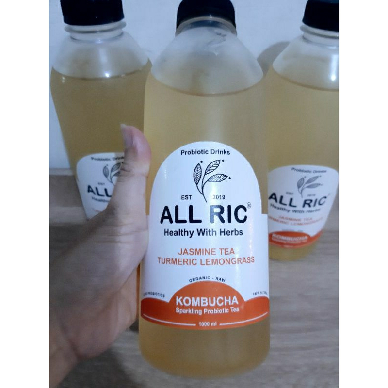 kombucha jasmine tea with turmeric lemongrass 500ml siap minum/caffein free/organic/less sugar/live probiotics/raw/vegan.