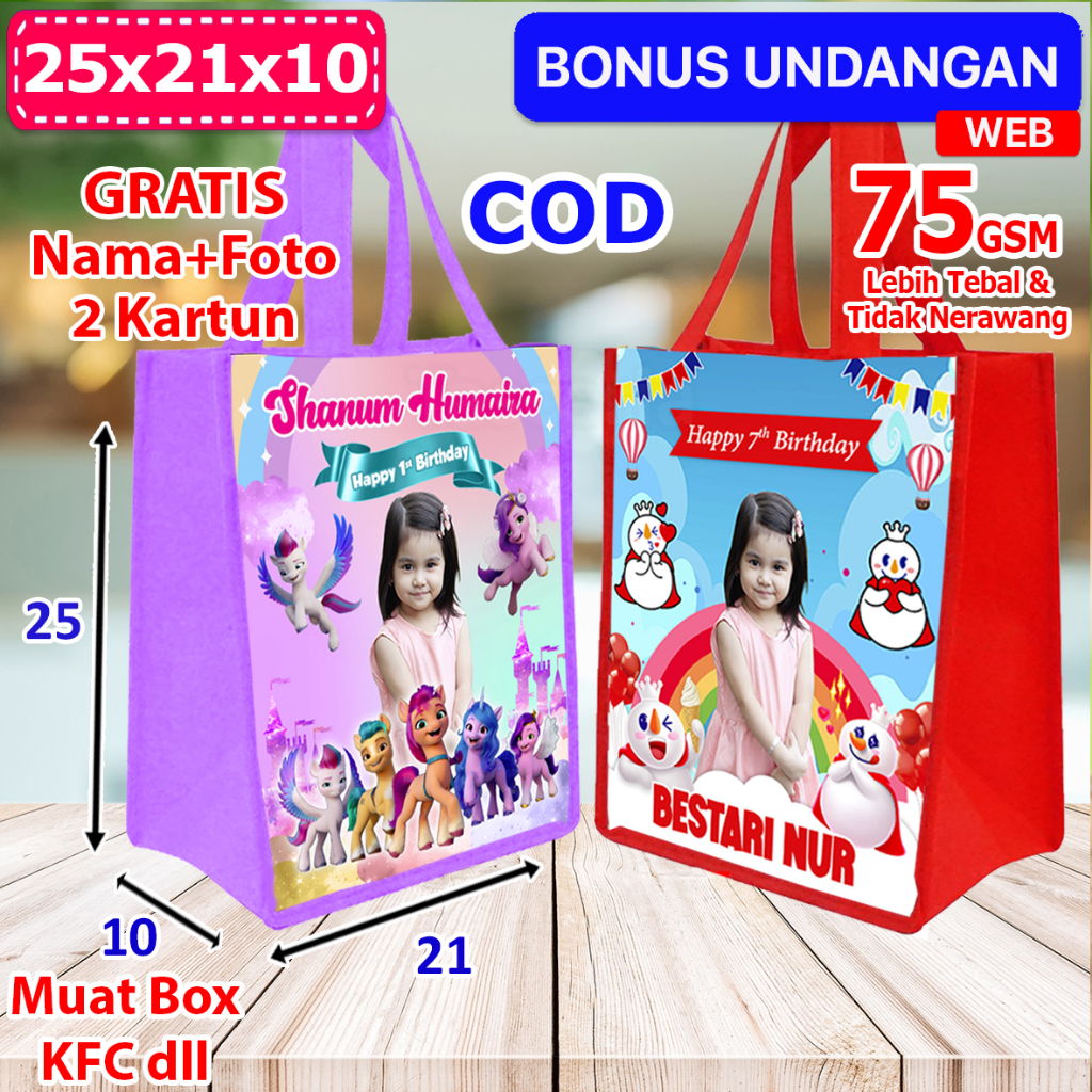 

Uk 25x21x10 tas snack ultah anak custom foto & nama Mixue