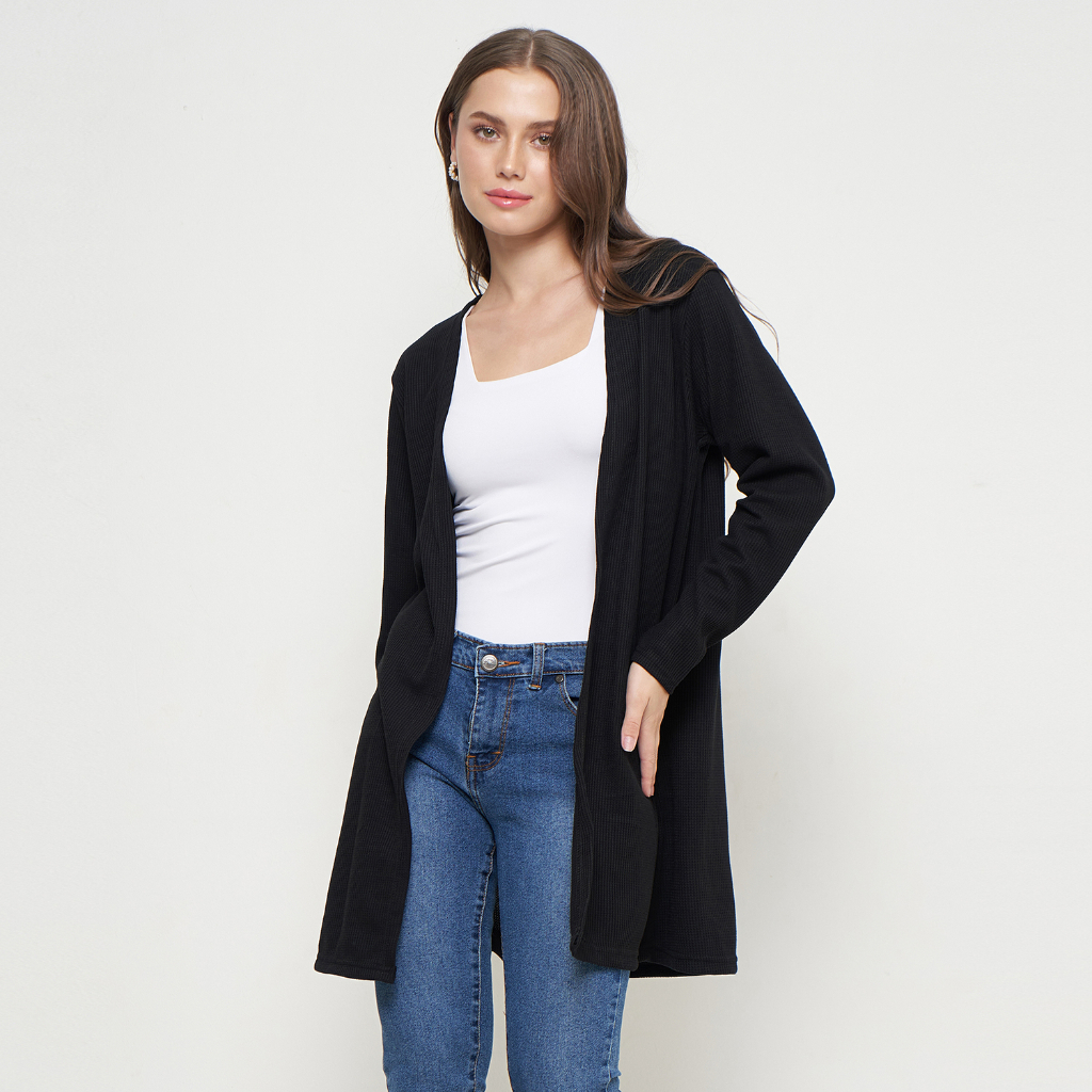 Cardigan Knit Waffle Outer Rajut Wanita Lengan Panjang Hitam SR002