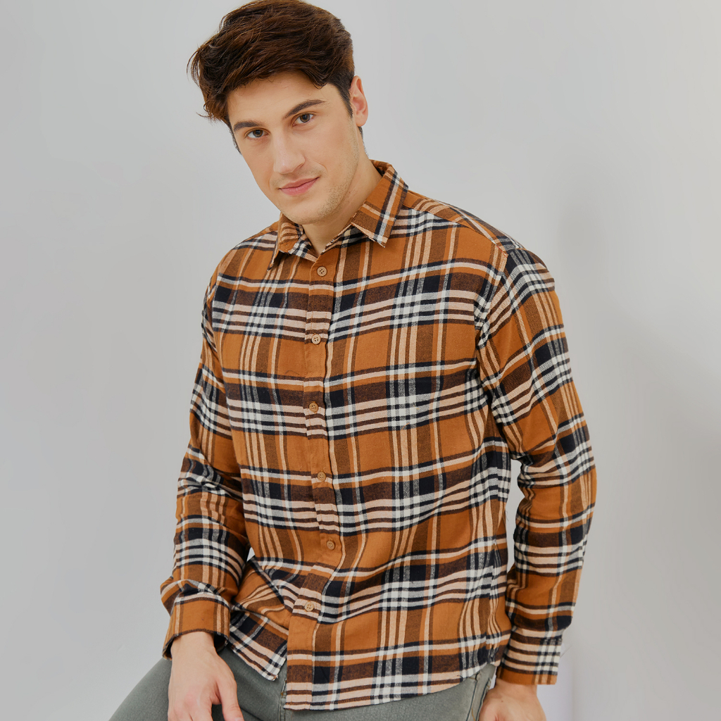 PAULMAY Kemeja Flanel Pria Lengan Panjang Cokelat 6713