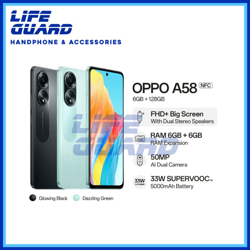 HANDPHONE OPPO A58 NFC RAM 8GB/128GB | 6GB/128GB (Glowing Black &amp; Dazzling Green)