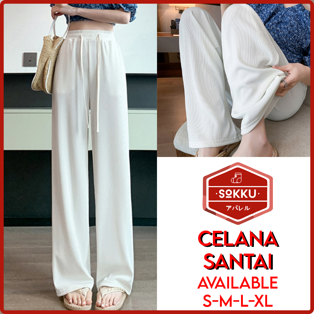 Celana Panjang Santai Wanita Long Pants Polos Pinggang Karet All Size