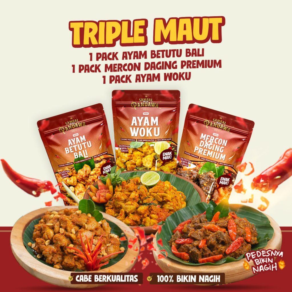 

Masakan Siap Saji Sambal Mak Pandawa Mercon Daging Premium, Ayam Woku & Ayam Betutu Bali