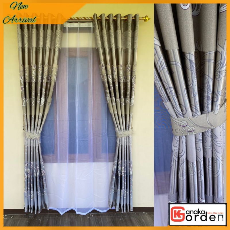 gorden jendela pintu ruang tamu minimalis motif daun warna hijau panjang 230 cm