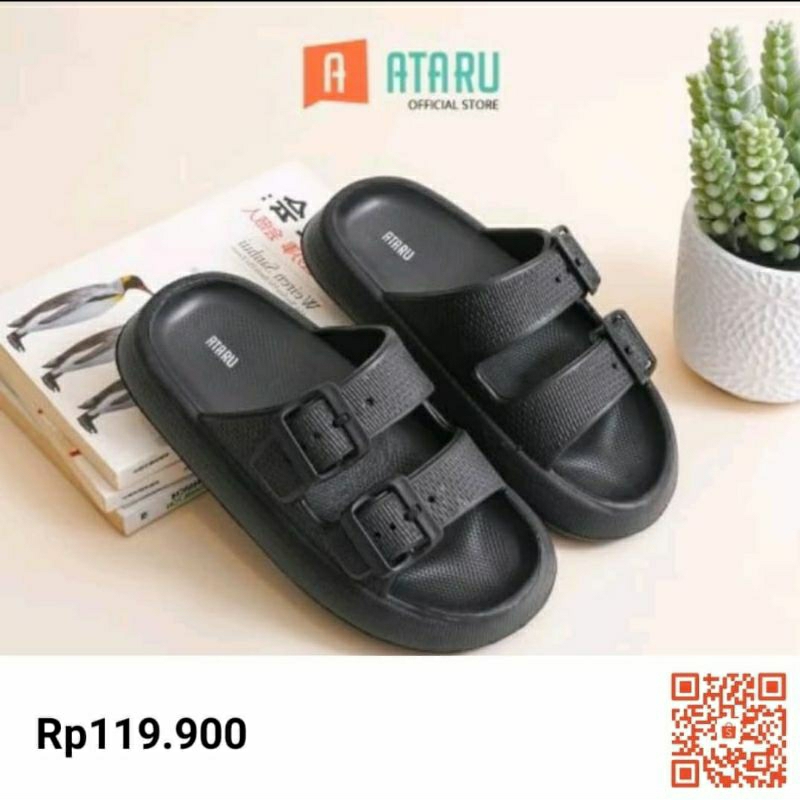 Ataru Ukuran 37 Sandal Thick Slides Double Buckle - Hitam