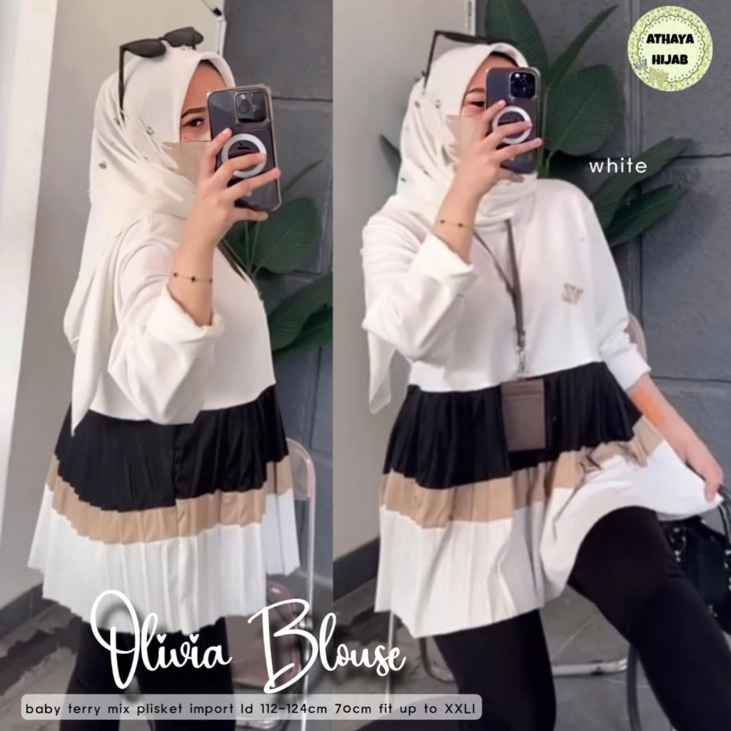 Olivia Blouse Top Atasan Wanita Jumbo Terbaru Plisket Mix Babyterry Import LD 120 By Athaya Hijab