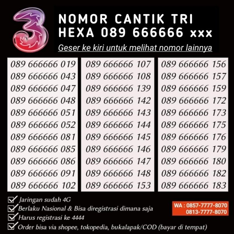 nomor cantik tri hexa 089 66666 xxx