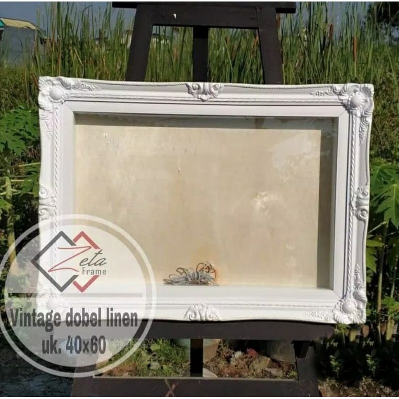 Pigura mahar vintage putih dobel linen uk. 40x60 - pigura mahar ukir belgi putih