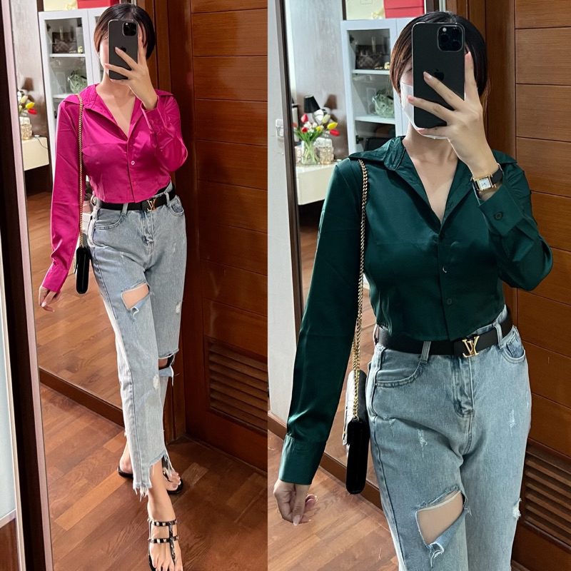 CROP TOP SATIN SILK CROP KEMEJA WANITA BAJU ATASAN CROP