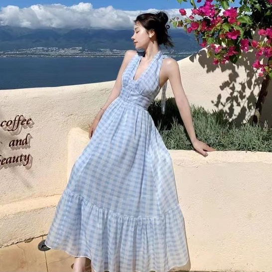 𝐑𝐄𝐀𝐃𝐘 𝐒𝐓𝐎𝐂𝐊 𝐒𝐀𝐅 - JOLY plaid blue casual dress halter neck woman / dress pantai wanita / casual summ