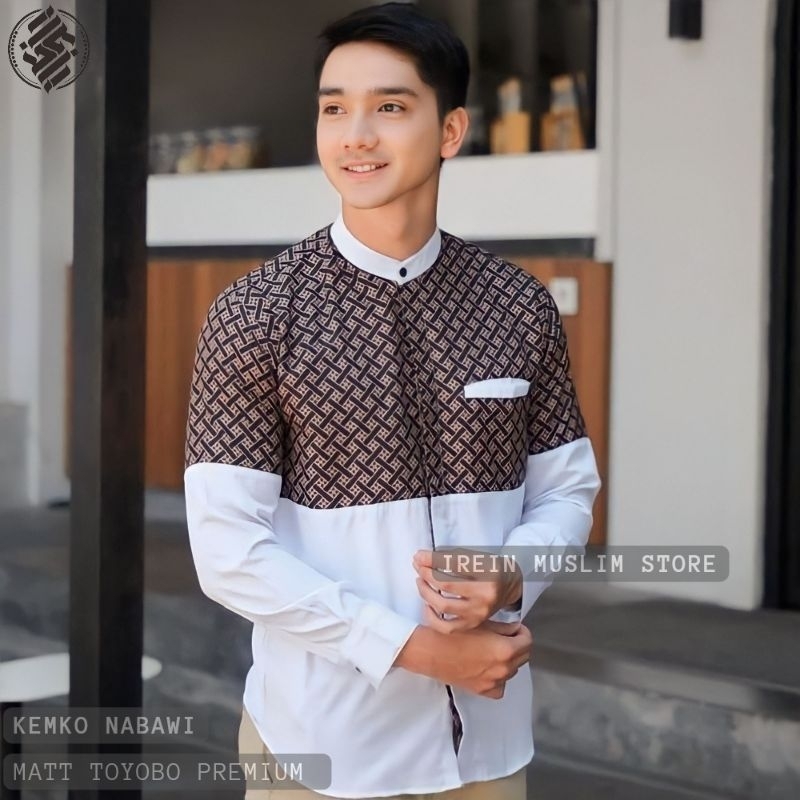 Baju Kemeja Koko Pria Lengan Panjang Kombinasi Batik Koko Nabawi