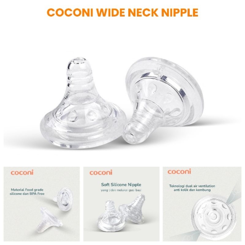 Coconi Wide Neck Baby Bottle Nipple Teat Replacement 2Pcs / Dot Bayi