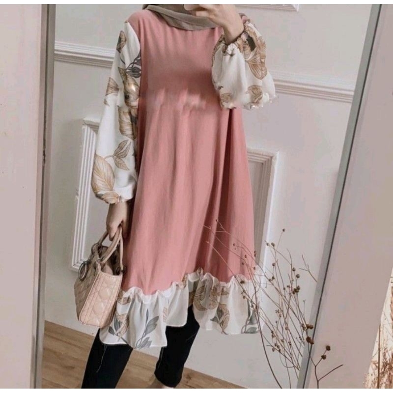 SHE VELA TUNIK KOMBINASI BRUKAT BROKAT MOTIF FLORAL FASHION  WANITA