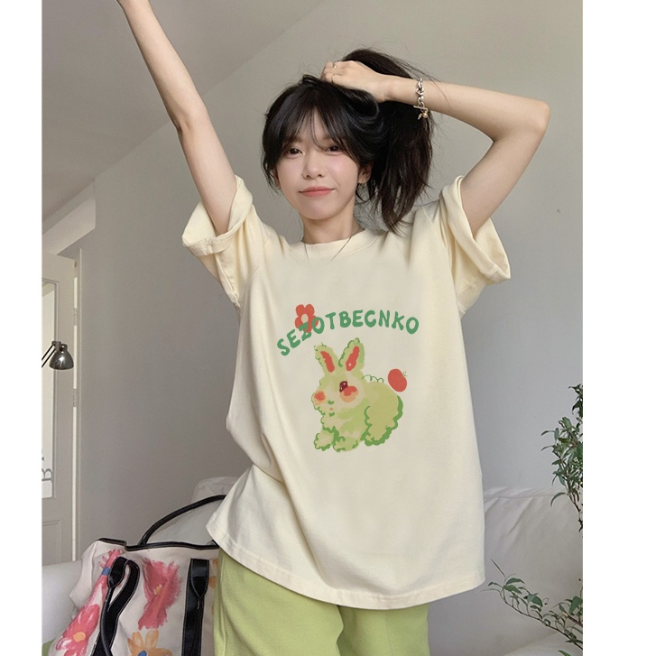 atasan wanita kekinian oversize lengan pendek cartoon rabbit graphic print T-shirt korean style import kaos cream