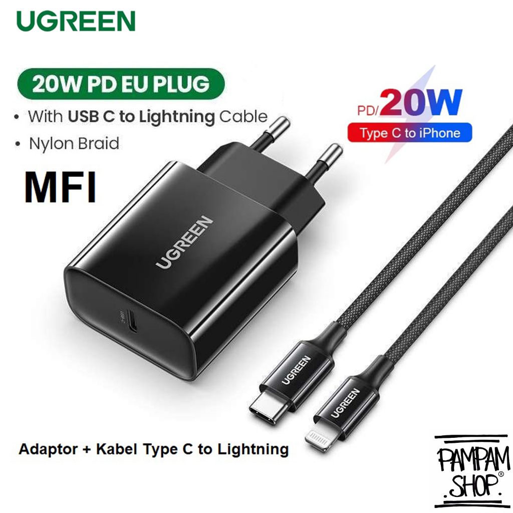 UGREEN ORIGINAL CHARGER SET 20W TYPE C TO LIGHTNING Made For Iphone 12 13 14 Pro Max MFI Ori 20 Watt Adaptor Adapter Casan