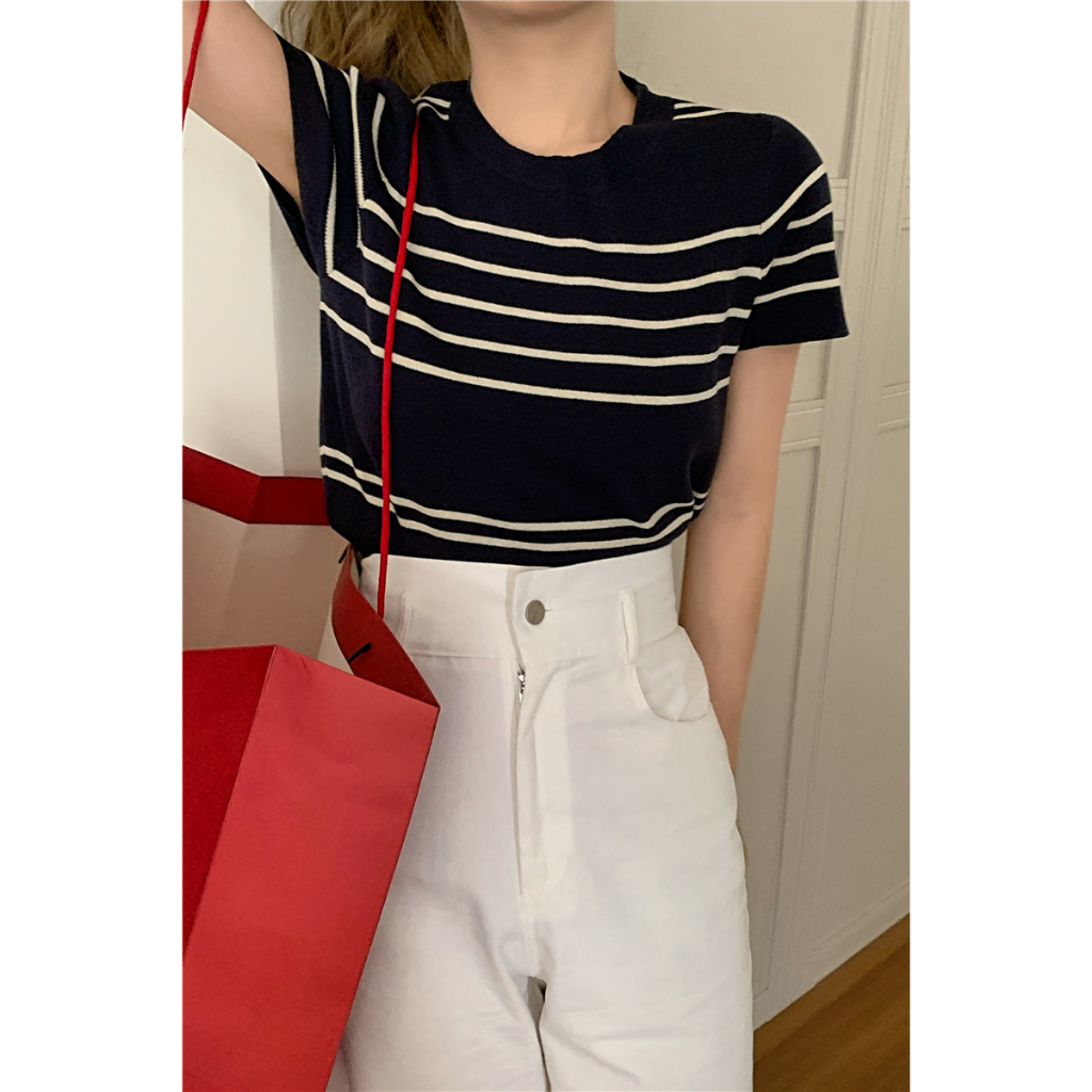 EUNII Korean Style Kaos Rajut Lengan Pendek Retro Knit Crop Top Garis-garis Wanita Atasan Wanita