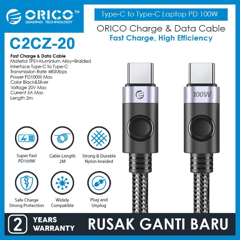 Cable type-c to usb-c pd orico 2m 5A 480Mbps 100w fast charging braided c2cz-20 - Kabel charge data 200cm 2 meter