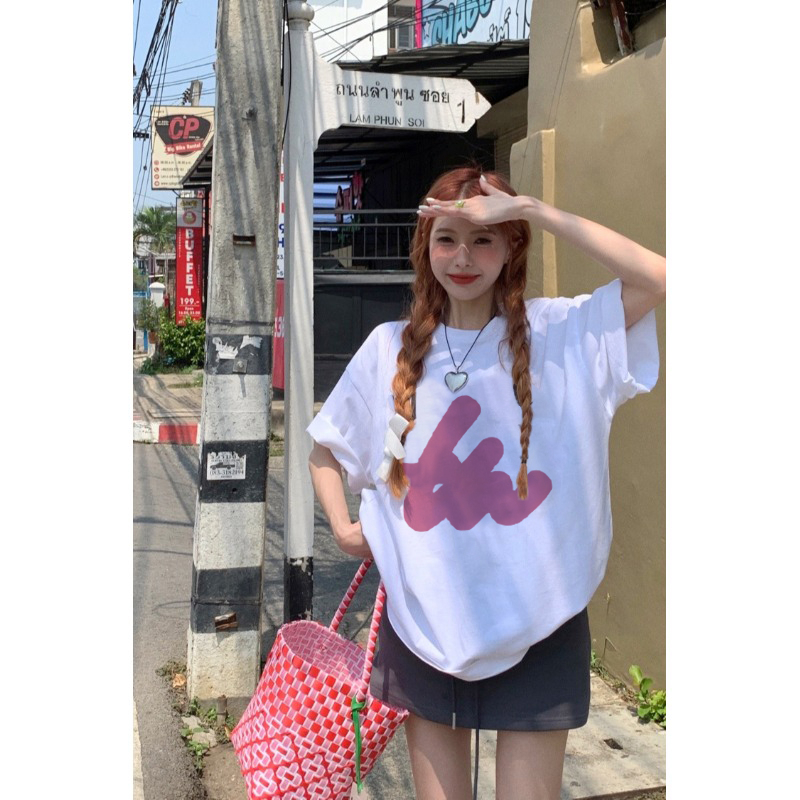 EUNII T-shirt Lengan Pendek Pink Bow Tie Korean Style/Kaos Atasan Wanita/Baju Kaus Oversize Wanita/Kaos Wanita