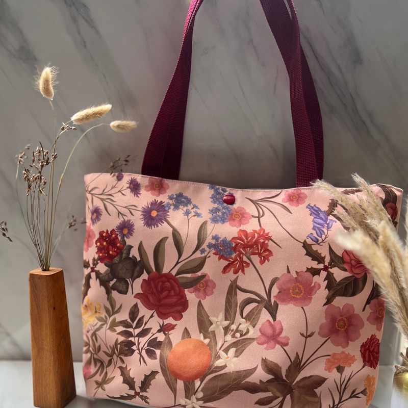 Tas Tote Bag Wanita Premium Vintage Flowers & Scrunchie Set / Satin Silk Scrunchie / Tas Kuliah Kerj