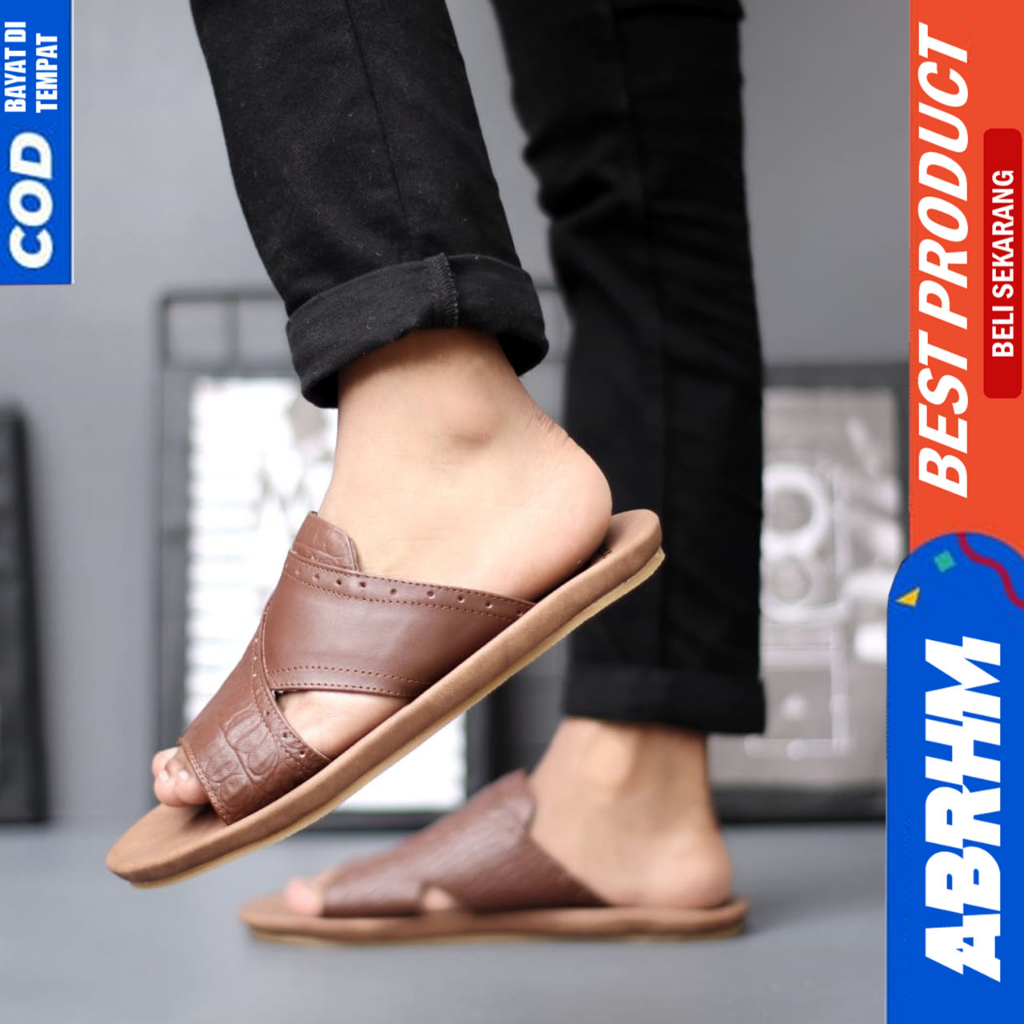 Sandal Slide Pria Sendal Selop Kulit Asli Original Abrhm