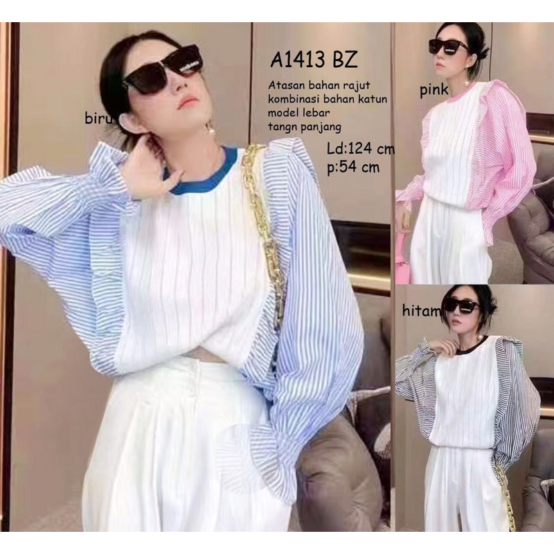 knit stripe katun rajut blouse batwing
