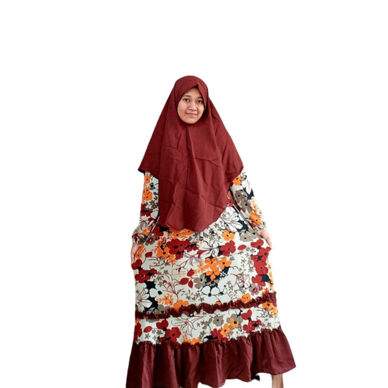 gamis syari set dress muslimah motif bunga terbaru set kerudung