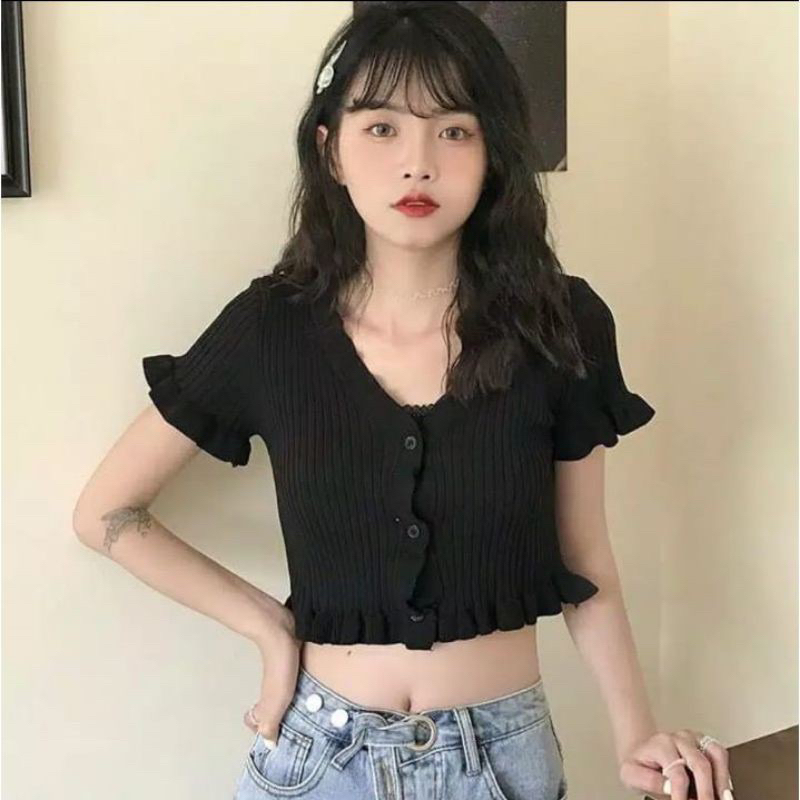 Knit Crop Top Korea Atasan Crop Kriwil Import