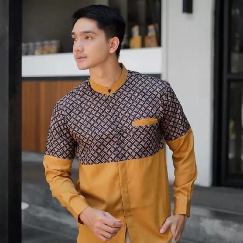 Baju Koko Kurta Dewasa Lengan Panjang Pria Muslim Motif Kobata