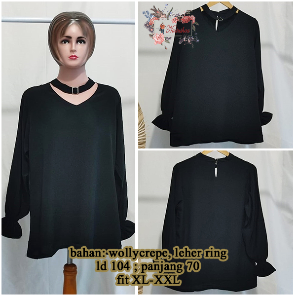 Blouse Wanita Lengan Panjang Top Wanita Model Leher Ring Lengan Karet Bahan Wollycrepe Polos Hitam Baju Atasan Ada Kancing 2 Belakang Korean Fashion Style