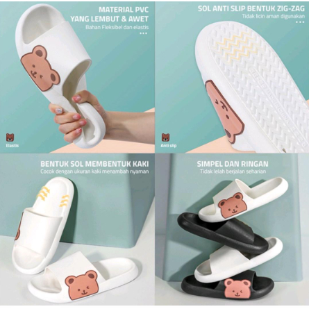 (GS)  Sandal Slop Wanita EF10 / Sandal Slip On Motif Bear Empuk Tebal / Sandal Slip On Lucu Murah