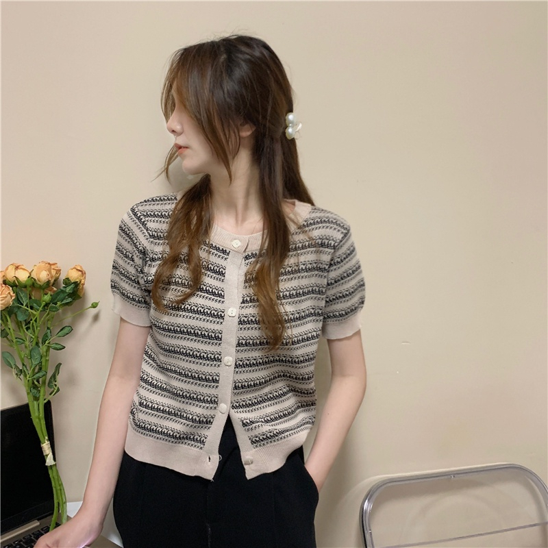 EUNII  Knit Cardigan Wanita Retro Crop Top Kardigan Rajut Stripe Korean Style