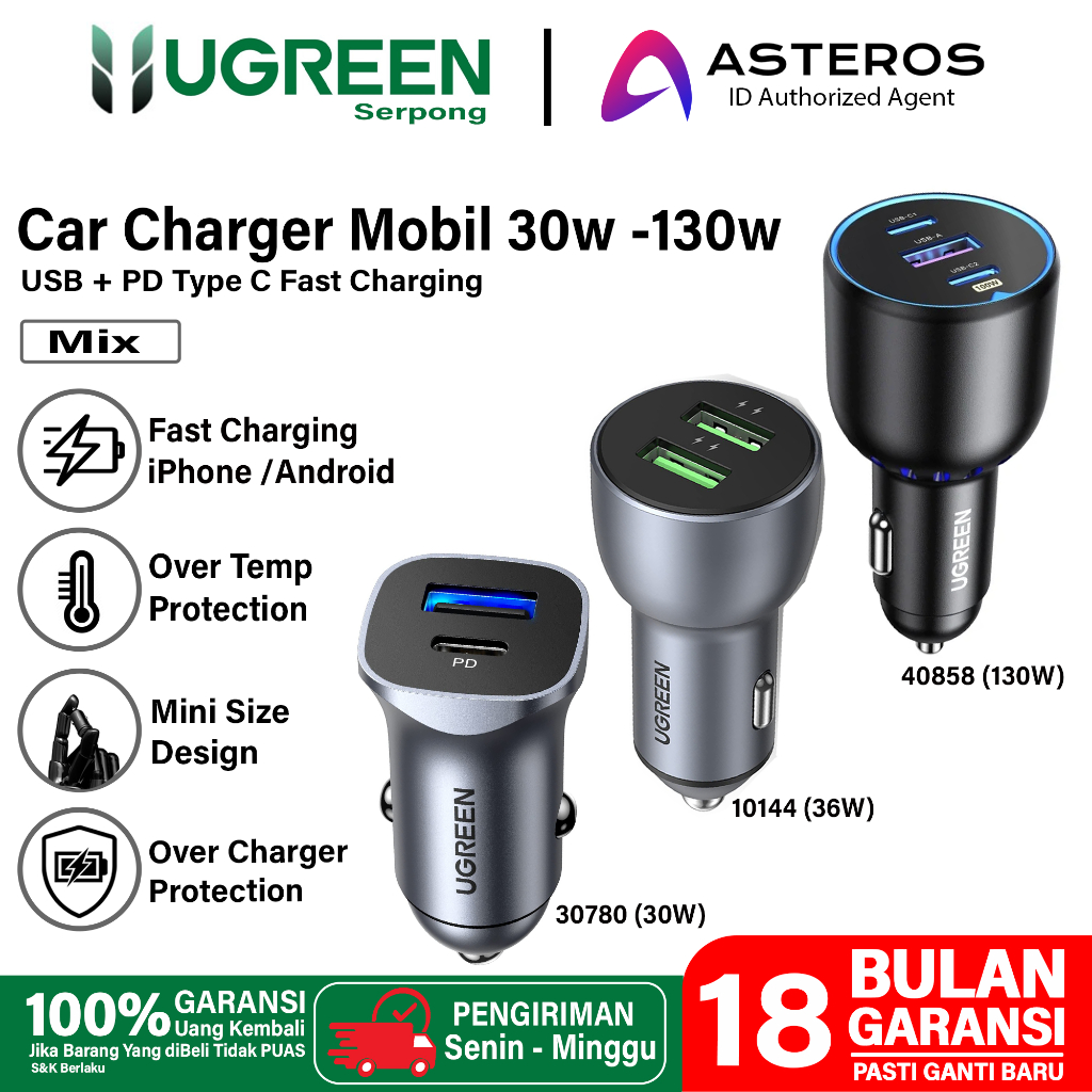 UGREEN Car Charger Mobil FAST Charging iPhone Samsung USB + Type C PD QC3.0