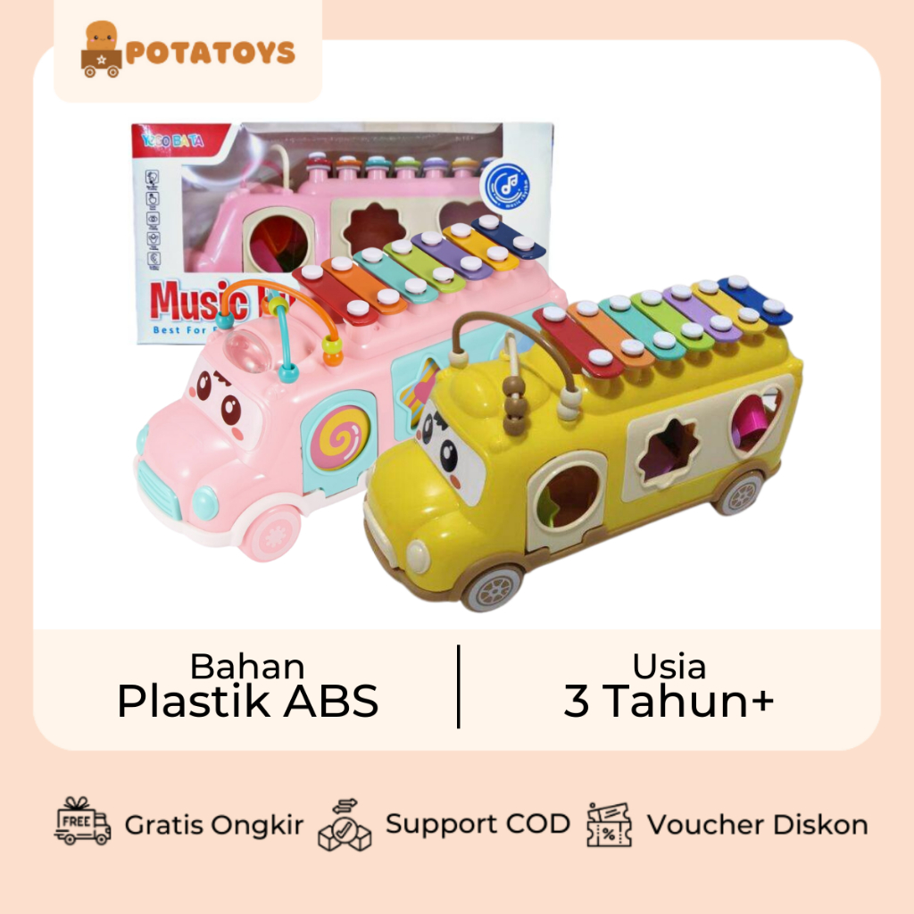 [ Potatoys ] Huanger Music Baby Bus Xylophone / Bus Xylophone Mobil 3in1 / Sorting Bentuk dan Alur Kawat / Mainan Anak Edukasi / Mainan Music