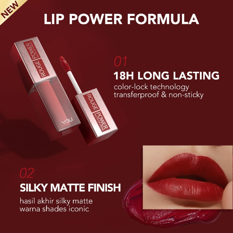 YOU Rouge Power Matte Lip Cream - Tahan 18 Jam | Matte Finish