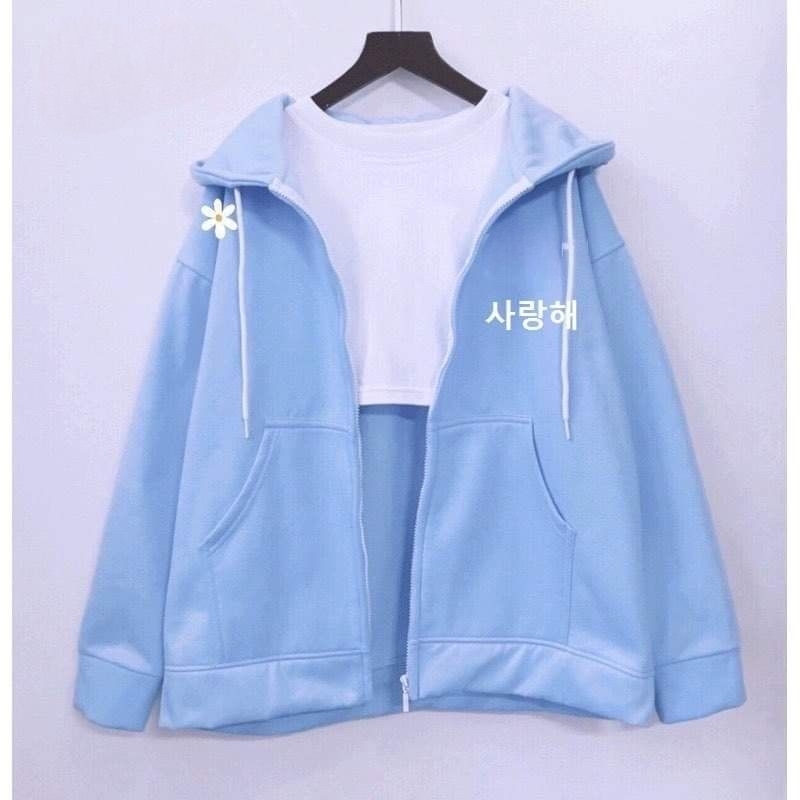 Jacket Zipper Hoodie Oversize Boy Girl (6XL 5XL 4XL 3XL 2XL XL L M S Cek Deskripsi) Sweater HANGEUL SARANGHAE Love Cinta Jumbo Jaket Resleting Bigsize Harajuku Urban Korean Style Blue Biru Putih