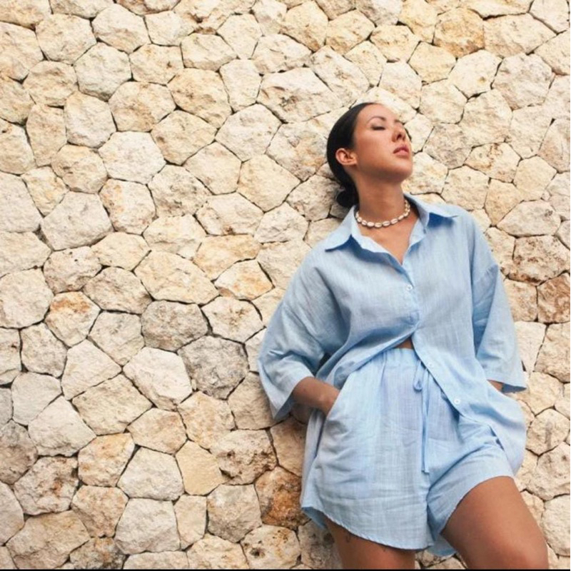 Musim Panas - ZOU SET in BLUE | Linen Belgium Set |Baju Setelan Linen | Setelan Pendek Wanita